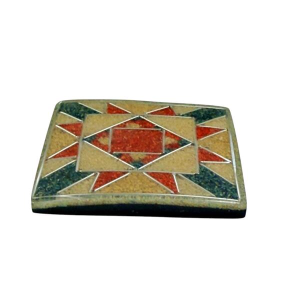 Vintage Lee Sands Sand Art Silver Inlay Quilt Square Triangle Pattern Brooch Pin - Picture 3 of 5